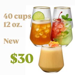 40 count 12 Ounce Ribbed Cups Origami Unbreakable Stemless Plastic Wine Champagne Whiskey Glasses Elegant Durable Disposable Indoor Outdoor Ideal for 