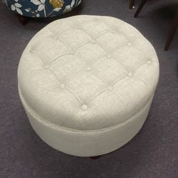 Wovenbyrd Classic 28-Inch Wide Button Tufted Round Storage Ottoman Footstool with Lift Off Lid, Cream Fabric
