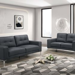 Brand New Black Leather Modern Style Sofa & Loveseat 