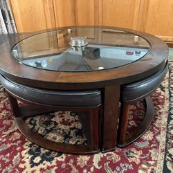 Glass Top Round Table Set Coffee Table With 4 Stools Included