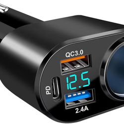 USB C Car Charger, 90W Cigarette Lighter Adapter Dual USB Fast Charging PD QC 3.0, 12V/24V Car Charger Socket Splitter with LED Voltmeter for Smart Ph