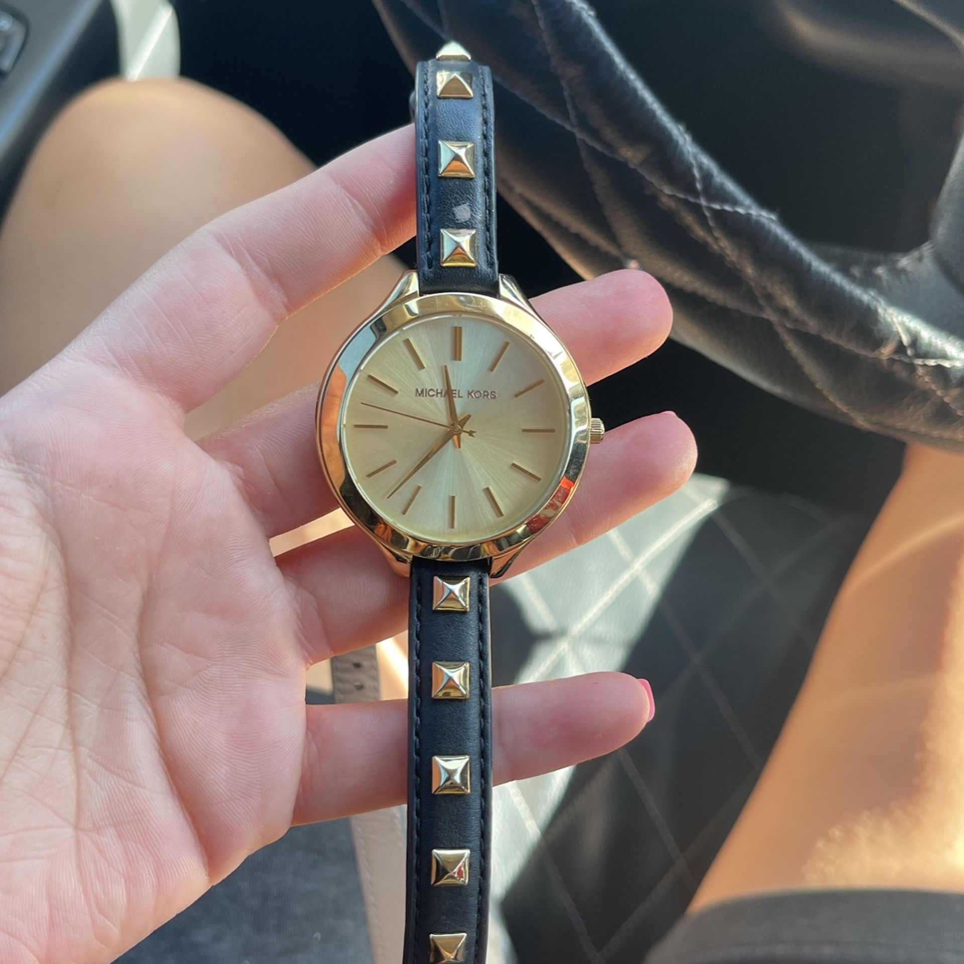 Michael Kors Watch Gold And Black Leather With Gold Spikes. 