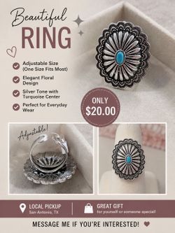 💙 Adjustable Turquoise Floral Ring – $20
