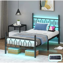 Twin Size Bed Frame with Headboard,Black Metal Platform Bed Frame Twin Size with Charging Station & LED Lights,12-Inch Under Bed Storage,No Box Spring