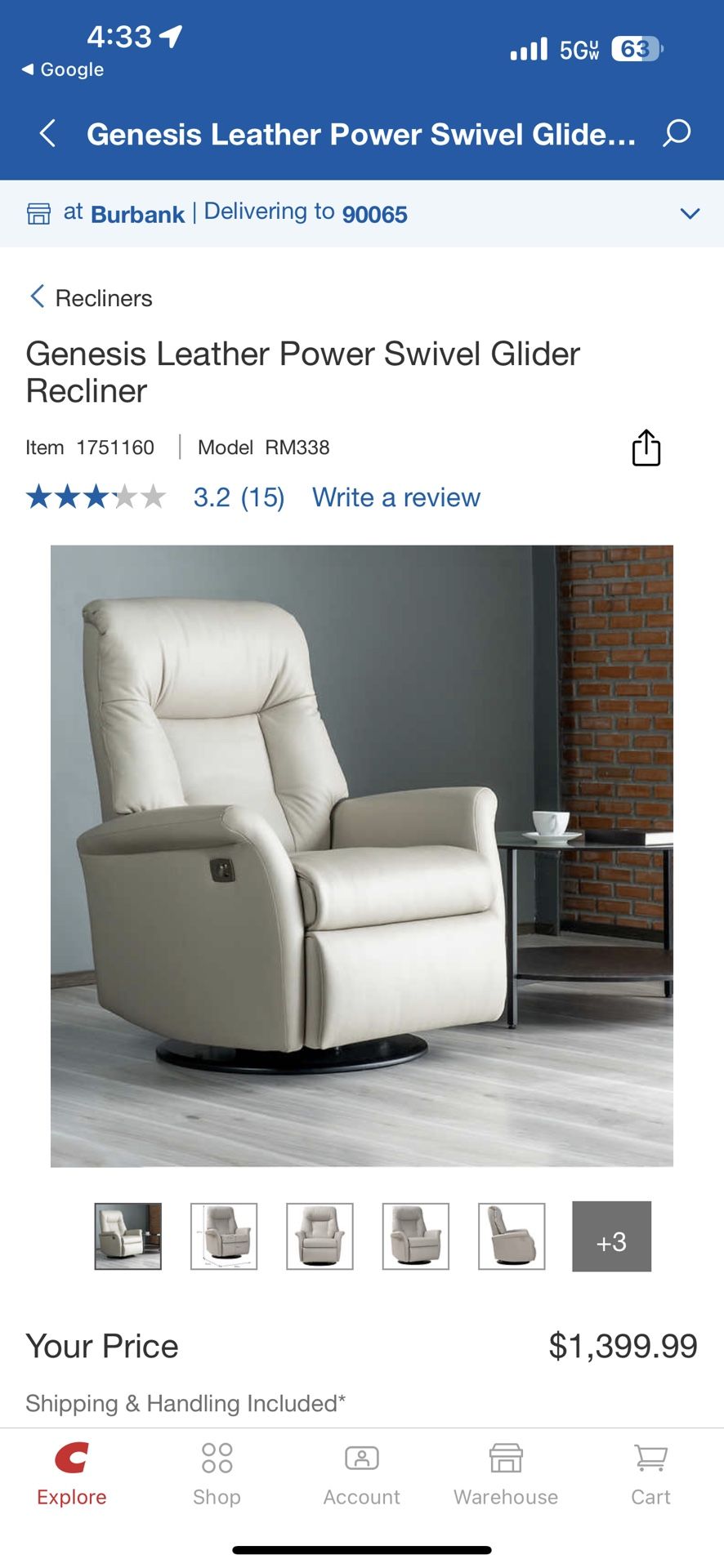 Genesis Leather Power Swivel Glider Recliner