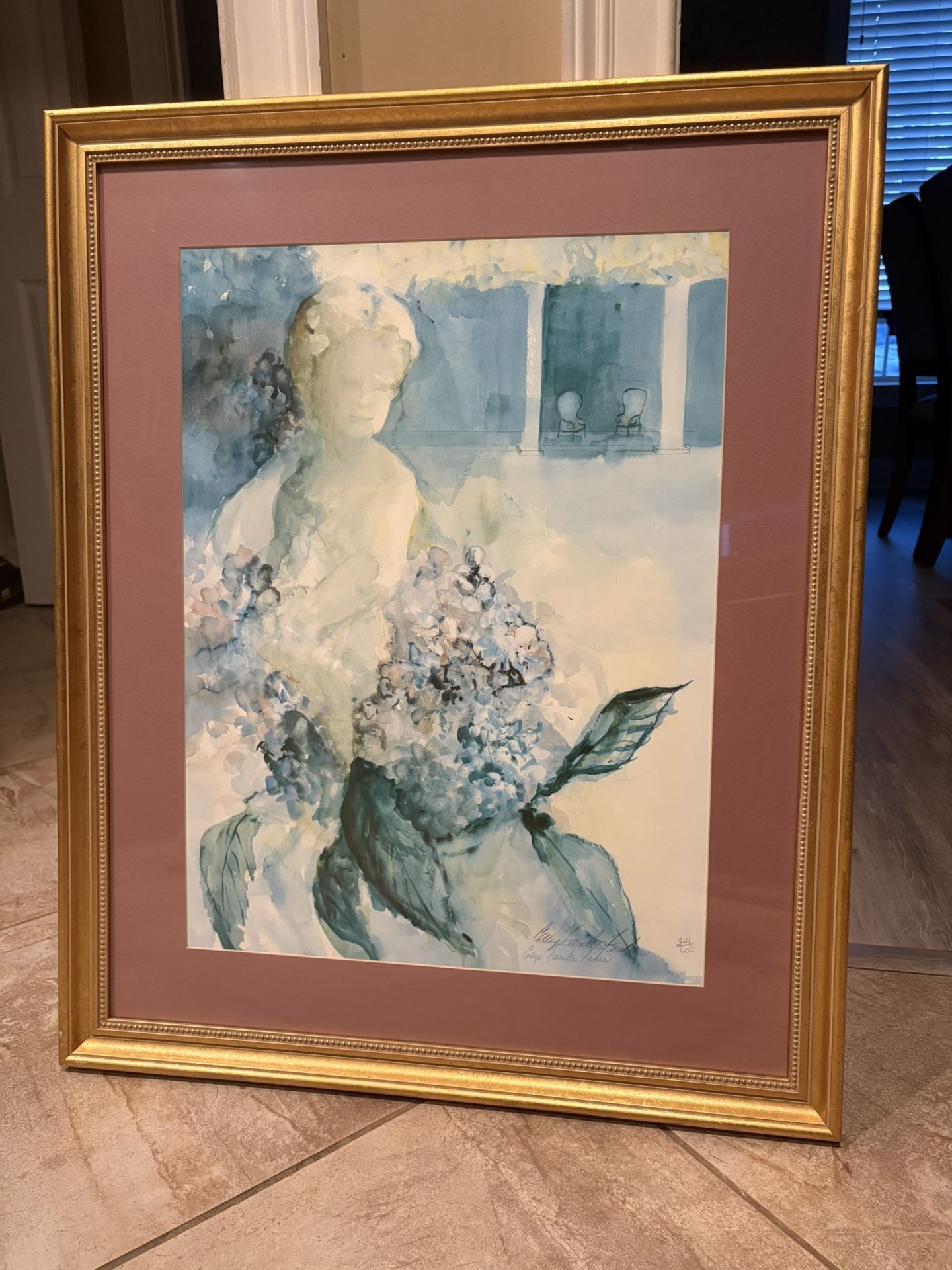 Gaye Sanders Fisher 26”x 32” Watercolor signed by artist. Beautifully framed. Only one corner of frame has a little damage. Overall great condition
