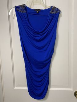 Reduced. Dazzling New  Blue Bebe Bodycon Evening Dress With Beaded  Shoulders 