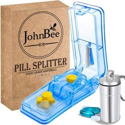 JohnBee Pill Cutter - Best Pill Cutter for Small or Large Pills - Designed in The USA - Cuts Vitamins - Includes Keychain Pill Holder (Blue) BRAND NEW