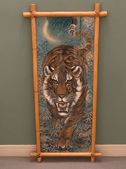 LARGE (47.5"H x 22.25" W), HEAVY (approx. 12-15 lbs.), NATURAL BAMBOO-FRAMED, GLASS-COVERED ORIGINAL WALL ART - firm posted price.