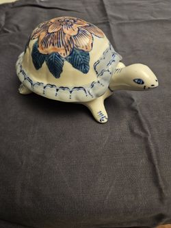 Porcelain Turtle with Floral Shell Trinket Box, Vintage, Removable Shell Lid, Chinoiserie, For Jewelry Or Keepsakes