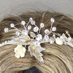 “Crystal Flower Bridal Headpiece / Tiara Hair Vine – Clear Rhinestone & Gold Leaves – Used Once”