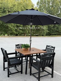 6-Piece Outdoor Patio Dining Set(Square Table + 4 HDPE Chairs + Umbrella) Perfect for your patio, deck, backyard, poolside, or porch! ☀️🌿 💰288$