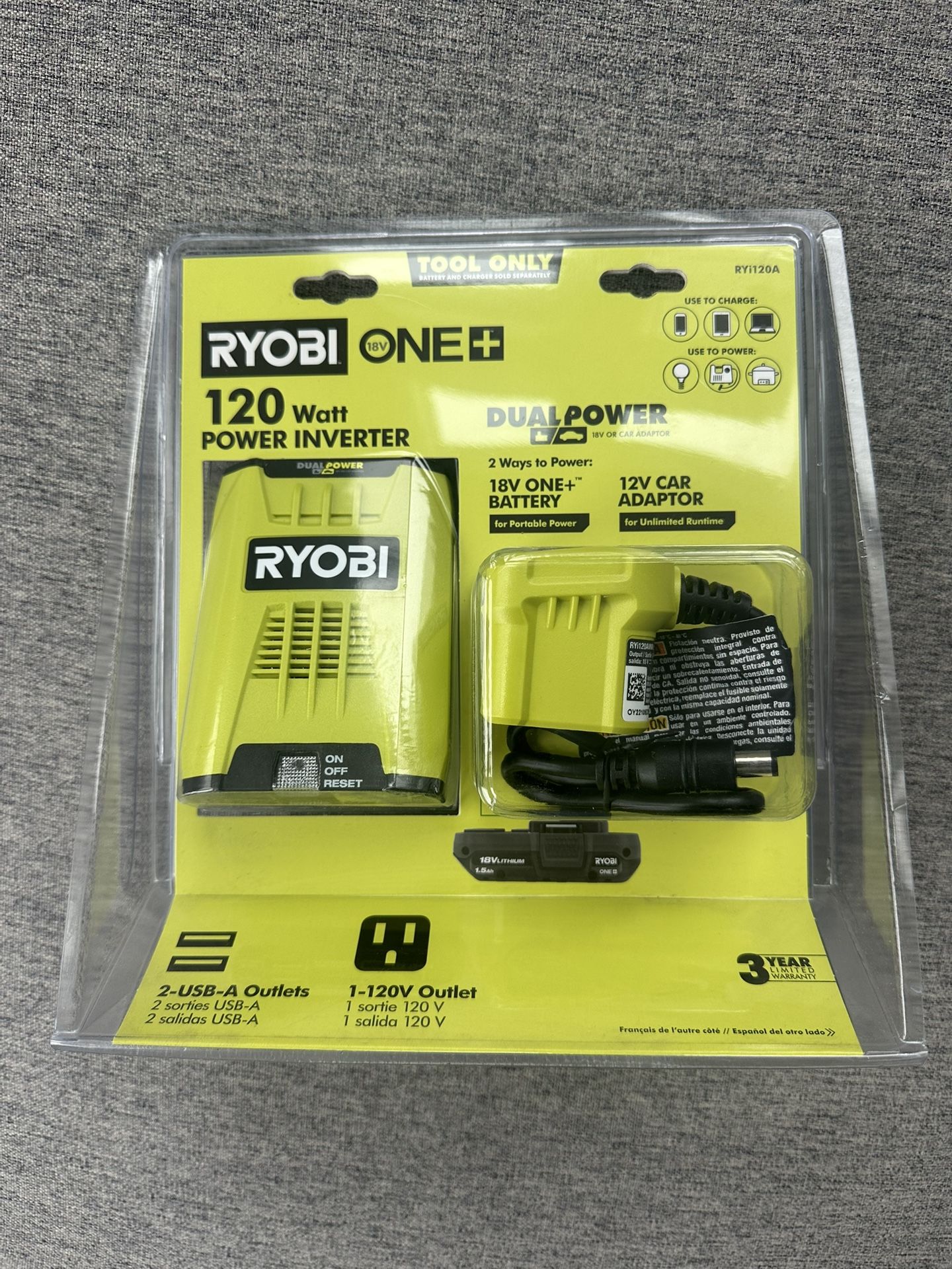 RYOBI ONE+ 18V 120-Watt 12V Automotive Power Inverter with Dual USB Ports