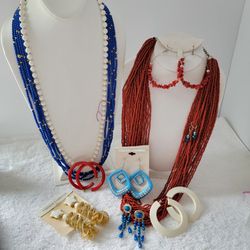Vintage To Now Red White Blue Mixed Jewelry Earrings Necklaces 