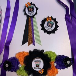 Halloween Theme Baby Shower Mommy sash, daddy to be pin, and grandma to be pin