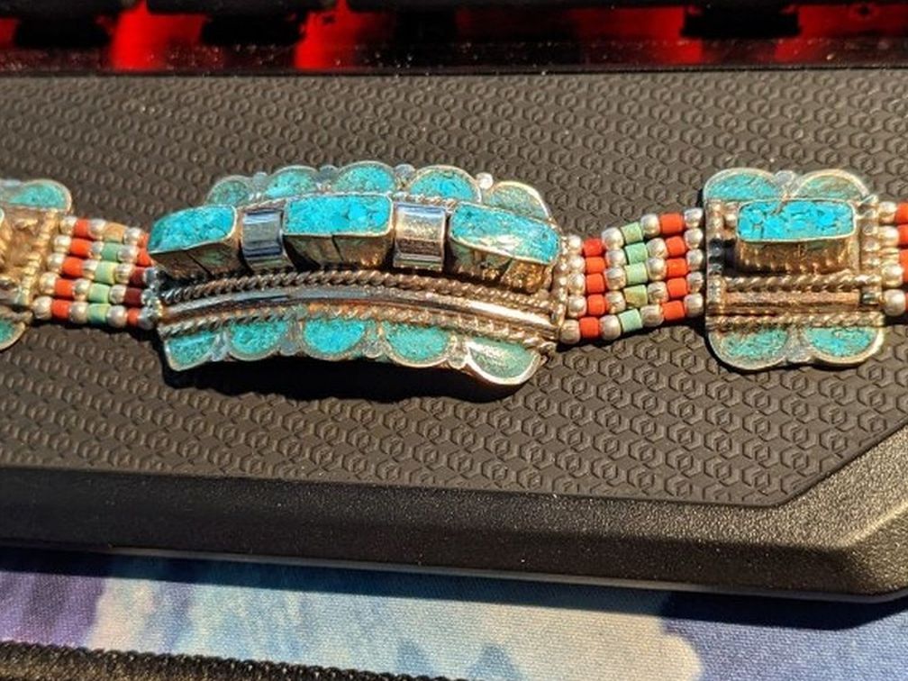 Turquoise and Silver Bracelet with Coral Beads