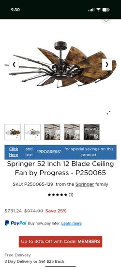 New - Progress Lighting AirPro Springer P250065 - 12 Blade Fan