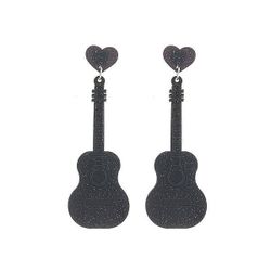 Black Glitter Music Guitar Earrings