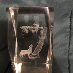 Crystal Glass  Paperweight With Lasered Wolf & Monkey 