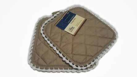 Tan Khaki Stove Loop Hanging Potholder Square-Set of 2 Fancy Delicate RuffleTrimming-Tan and White Kitchen