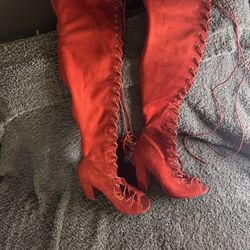 Legacy Red Suede Over-the-Knee Lace-Up Peep Toe Boots – Women’s Size 7 