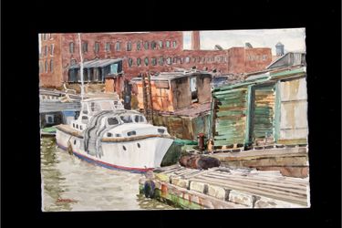 William L. Drake Watercolor on Paper Boats Docked At Marina