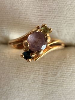 14K Yellow Gold Ring W/ Amethyst, Sapphire And Peridot, Size 6
