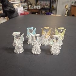 Spun Glass Delicate Miniature Angel Figurines, Set Of 6 In Different Sparkling Colored Wings, Halos & Praying Hands 2" Tall 