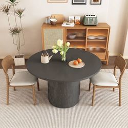 (Table only) 47 Inch Small Circle Dining Tables with Wood Strip Base for Kitchen Living Room (Black)