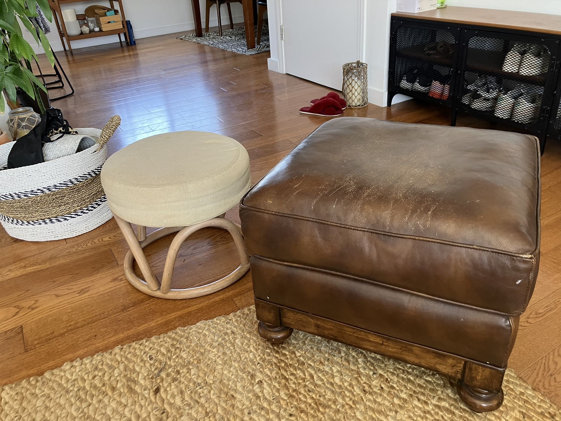 Leather Ottoman & Rattan Ottoman
