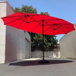 Brand New $130 Large Double Sided Outdoor (15ft Umbrella and 65lbs Plastic Base set) Colors Red/Gray