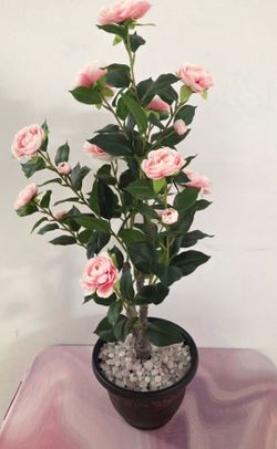 *** CLEARANCE *** 3ft Faux Pink Camellia Tree Topped with Opalite / Clear Stones in a 10" Planter @ Lasting Creations