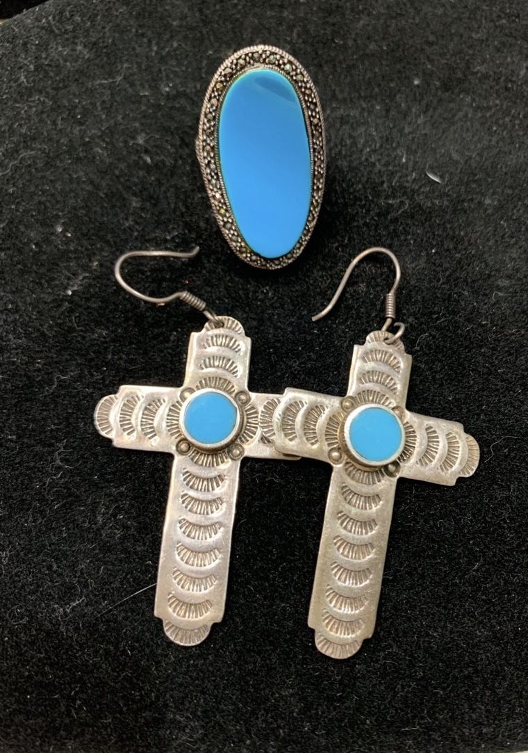 Large Vintage Saul Taxco TM-142 Ring & earring set Sterling Silver 925