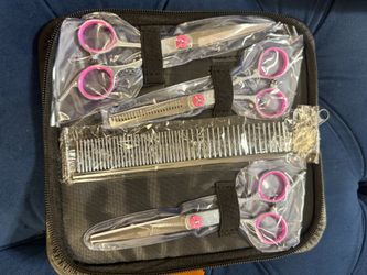 Pet Grooming Shears Kit Stainless Steel Scissors Comb Pink 7 Piece Set