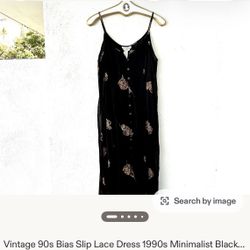 Vintage 90s Bias Slip Lace Dress 1990s Minimalist Black Dress