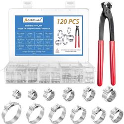120PCS 304 Stainless Steel Single Ear Hose Clamp Assortment Kit - 12 Sizes (5.3-28.6mm) Stepless Adjustable Cinch Clamps with Pincer Tool for Automoti