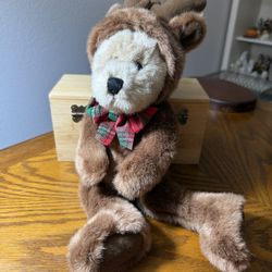 1997 GAC Christmas Plush 12" Tan Teddy Bear w/ Brown Reindeer Removable Hoodie 