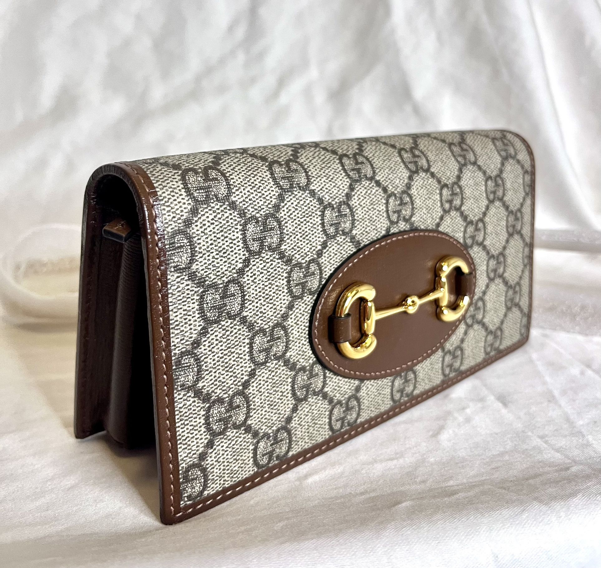GUCCI Horsebit 1955 Wallet on Chain Crossbody Brown/Gray Leather PVC