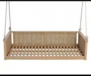 In Box Twin Size Outdoor Porch Swing Bed Solid Wood Rattan Swing Daybed Frame with Long Ropes