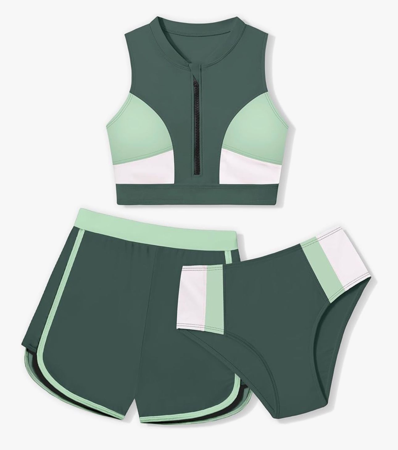 Girls Swimsuit 3 Piece Color Block Zipper Front Bathing Suit Bikini Size 15-16Y