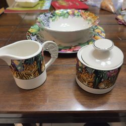 Sakura 5 Piece Stoneware complete set serving platter, bowl, covered sugar and creamer
