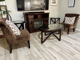 Living room set - fireplace, coffee table, side tables, accent chairs