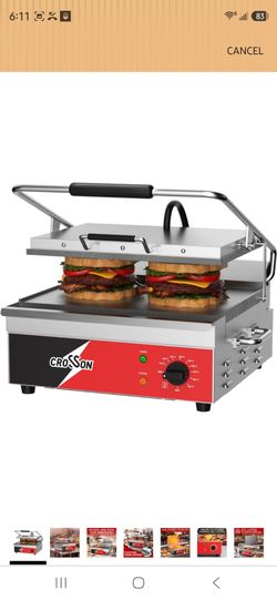 CROSSON 15"×11" Flat ETL Listed Commercial Electric Panini Grill,Hinged Auto Leveling Top Plate Panini Press Sandwitch Maker