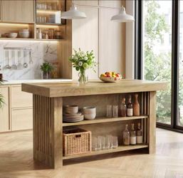 LD0242AB 63" Farmhouse Island Table, Large Kitchen Counter with Open Shelves for Dining Room