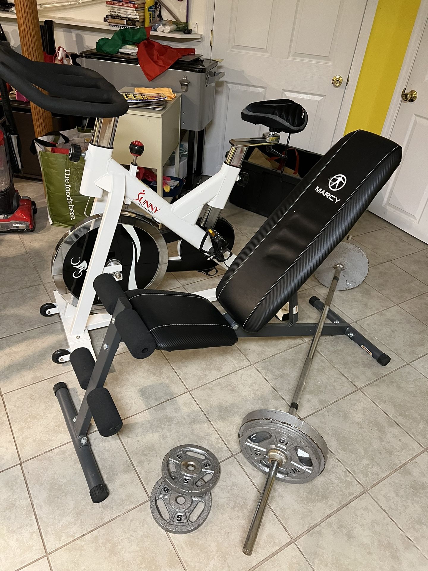 Weights, Bench, Barbell, And Bicycle 