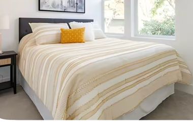 1 queen bed with headboard, mattress, boxspring and frame
