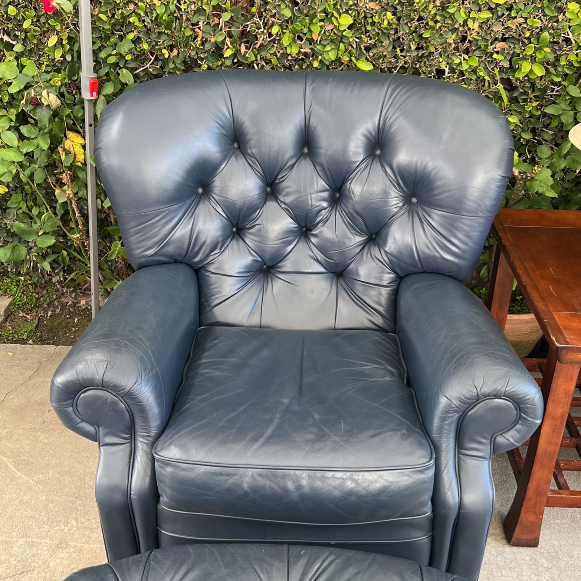 Lazy Boy Navy Blue Tufted Leather Chair & Ottoman