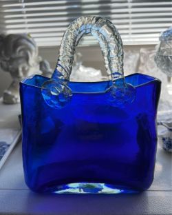 Cobalt Blue Art Glass Handbag Vase with Applied Clear Twisted Handle