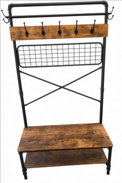 **Rustic Entryway Hall Tree with Bench, Hooks & Shoe Storage**