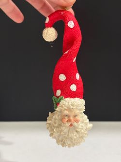 Vintage Hand Painted Resin Santa Head Curved Long Red Polka Dot Stocking Hat 6"